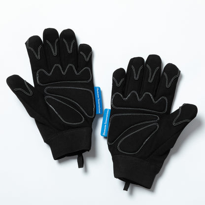 Pair of black gloves with a blue tag on a white background