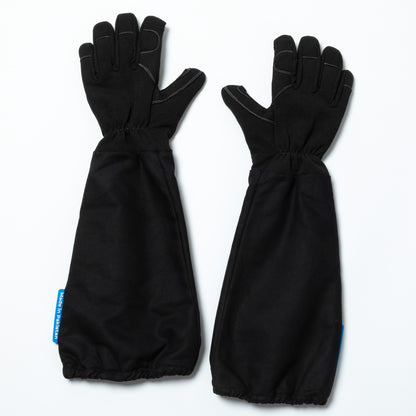 Pair of black bite guard gloves on a white background
