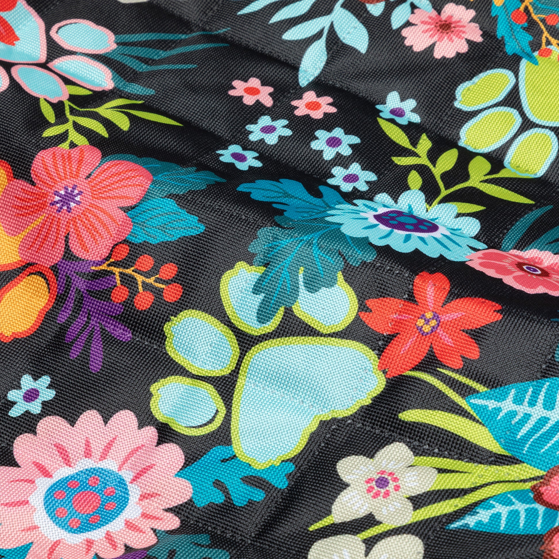 Colorful floral pattern on black fabric