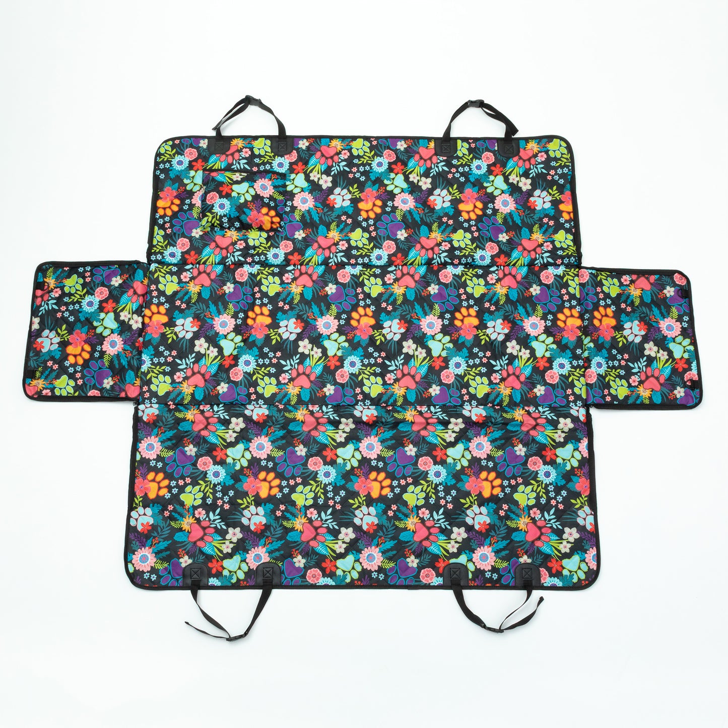 Floral patterned car seat cover with pet safety features on a white background