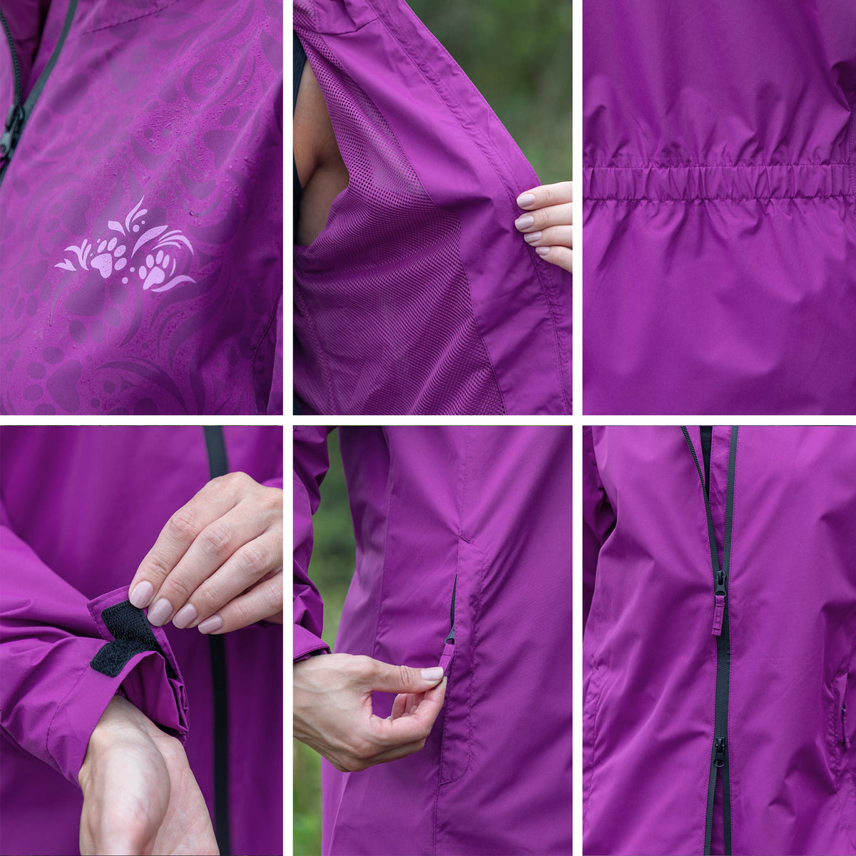 Six-panel close-up collage showing details of a purple lightweight jacket, including a floral print on the chest, elasticized cuffs, mesh lining, and a zippered pocket.