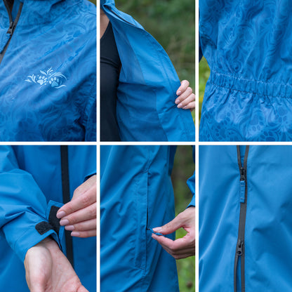 A six-panel collage showing close-up views of a bright blue waterproof jacket, including a floral pattern on the fabric, a white embroidered logo, a side pocket, a cuff with a hook-and-loop closure, and a black zipper.