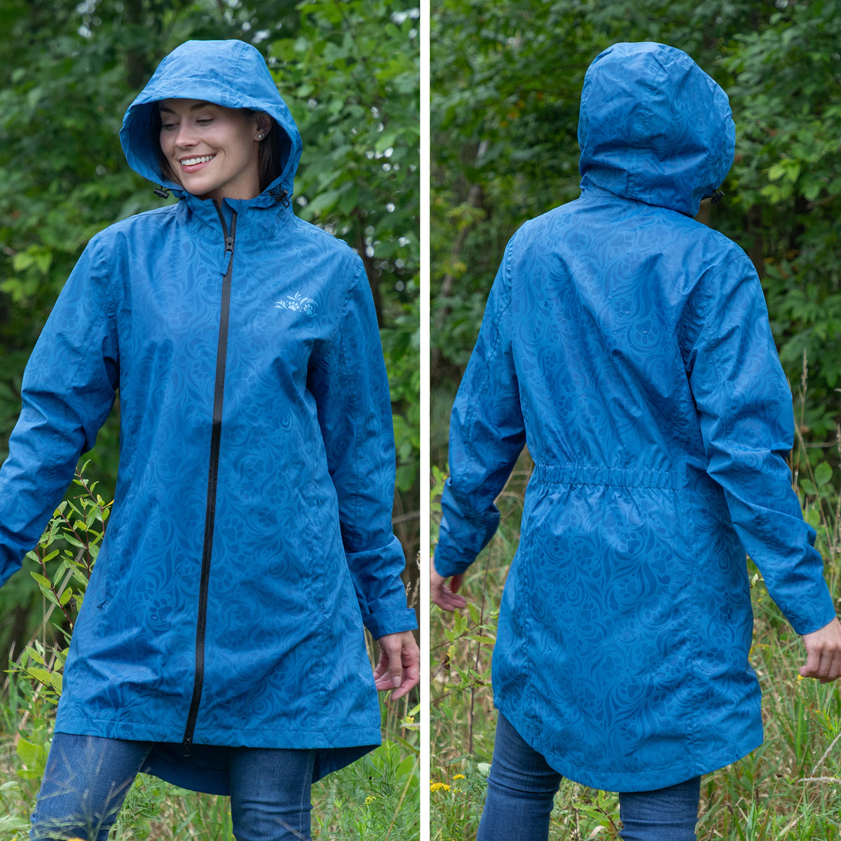 A woman wearing a bright blue hooded raincoat is shown in a split front and back view outdoors against a green forest background.