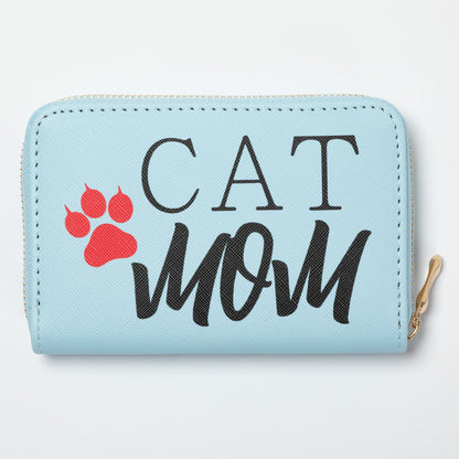 Light blue wallet with 'CAT MOM' text and red paw print on a white background