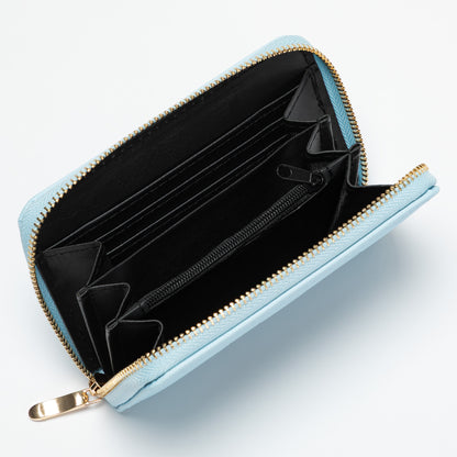 Light blue wallet with gold zipper on a white background