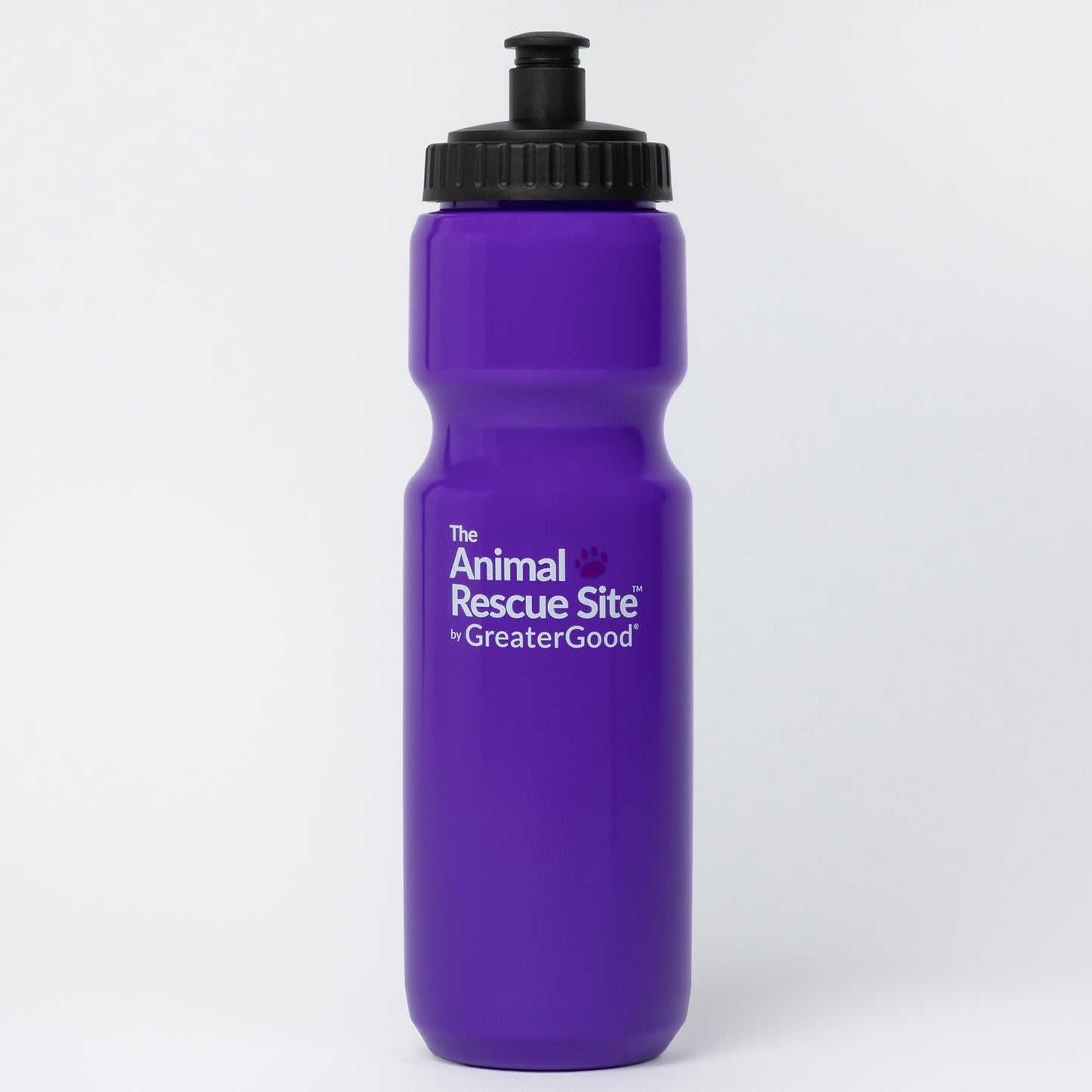 A purple water bottle with a black screw cap, featuring the white printed text 'The Animal Rescue Site by GreaterGood' on the front, set against a plain light gray background.