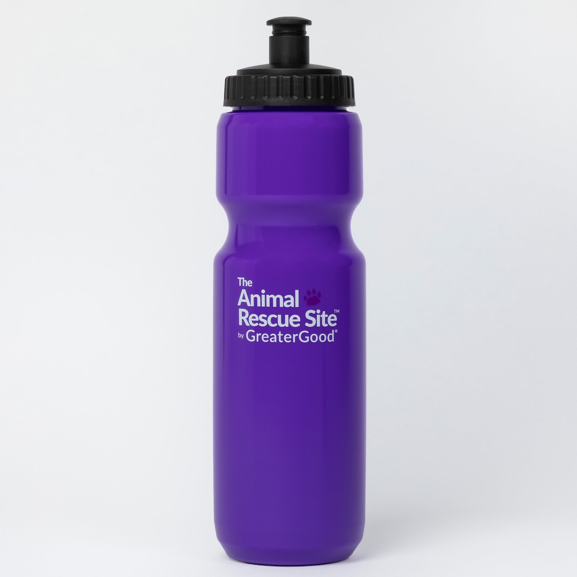 A purple water bottle with a black screw cap, featuring the white printed text 'The Animal Rescue Site by GreaterGood' on the front, set against a plain light gray background.