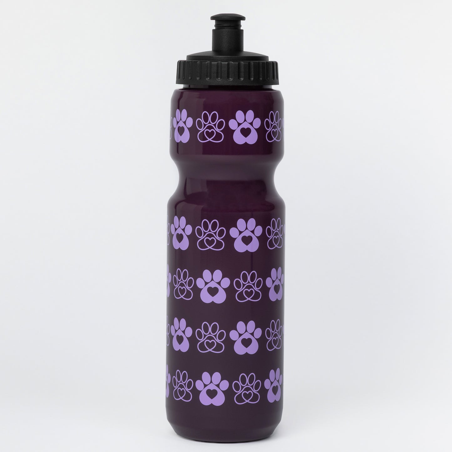 A dark purple plastic water bottle with a black flip-top cap, decorated with a repeating pattern of light purple paw prints, shown on a light gray background.