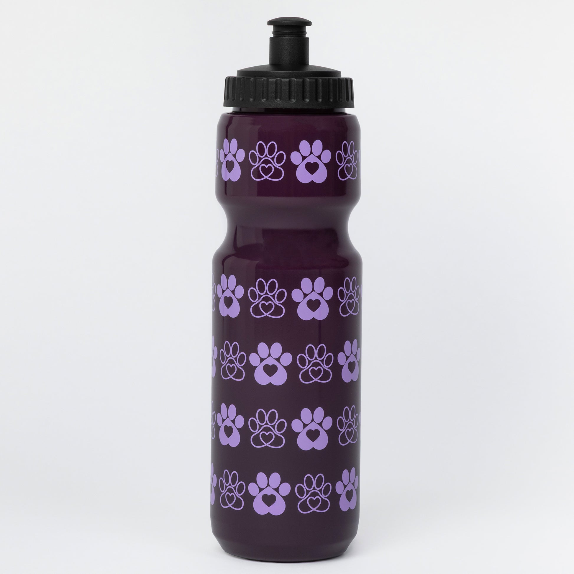 A dark purple plastic water bottle with a black flip-top cap, decorated with a repeating pattern of light purple paw prints, shown on a light gray background.