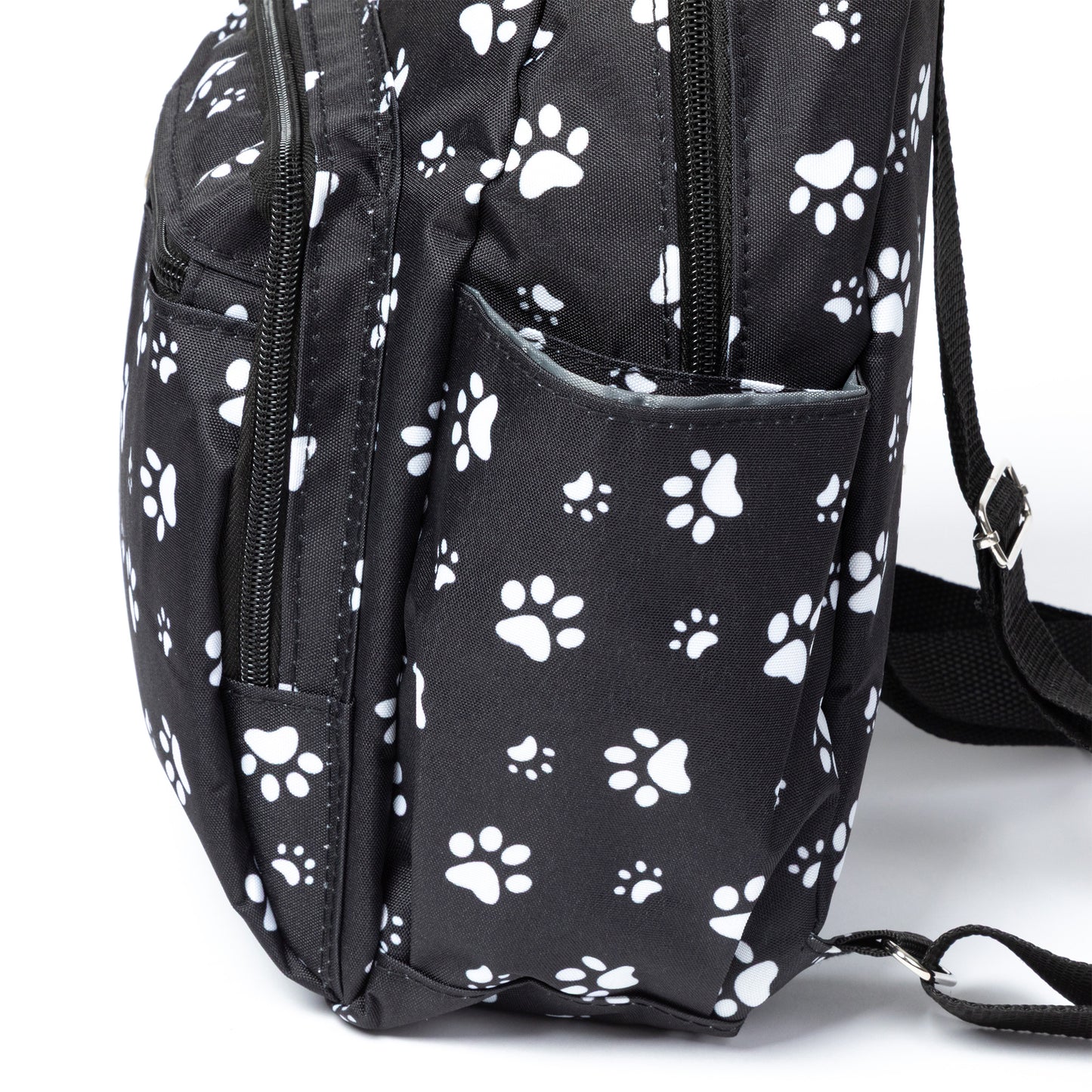 Black backpack with white paw prints on a white background