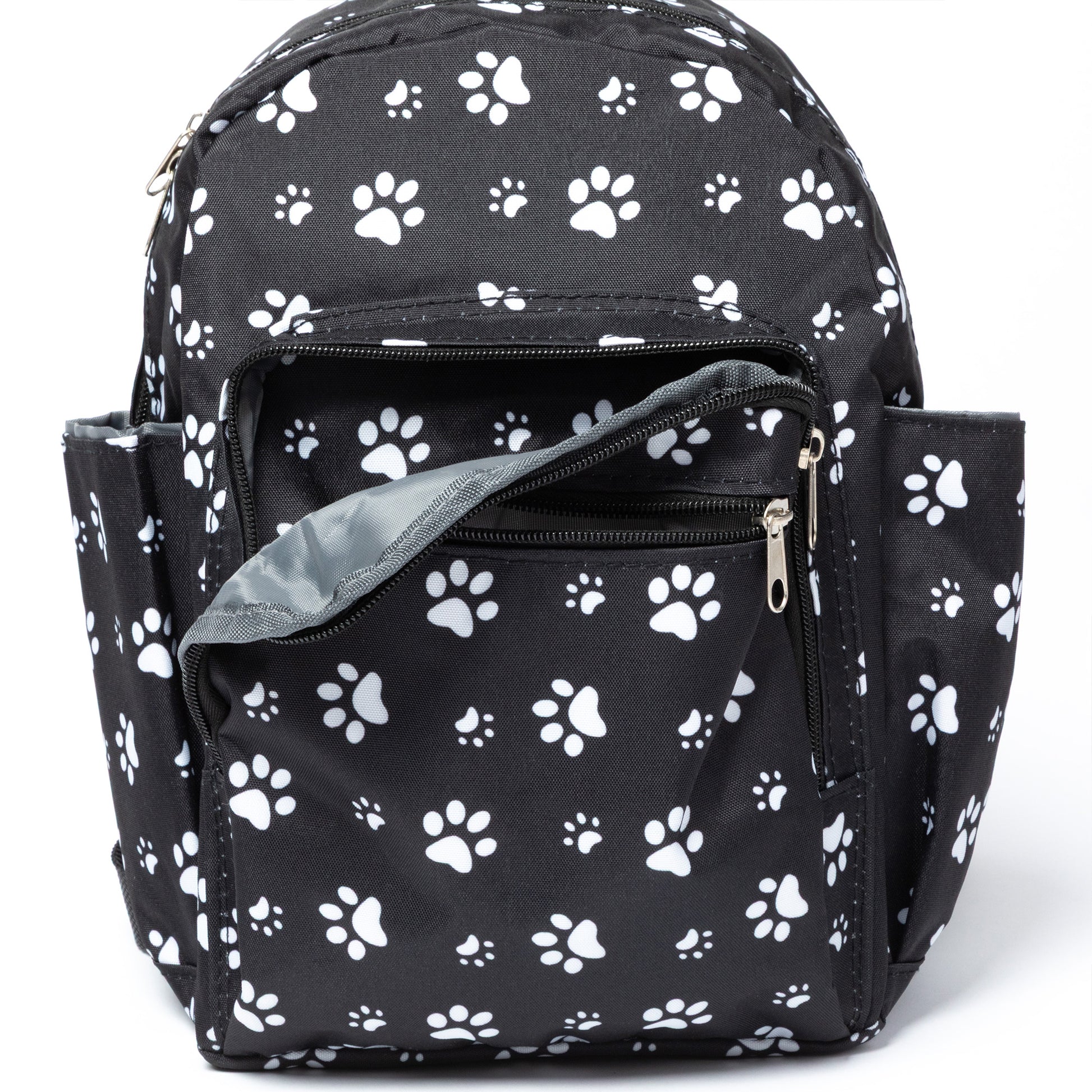 Black backpack with white paw print pattern on a white background