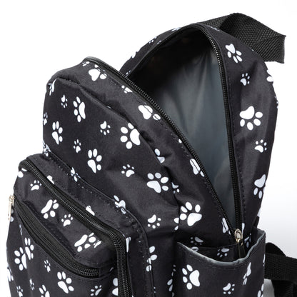 Black backpack with white paw prints on a white background