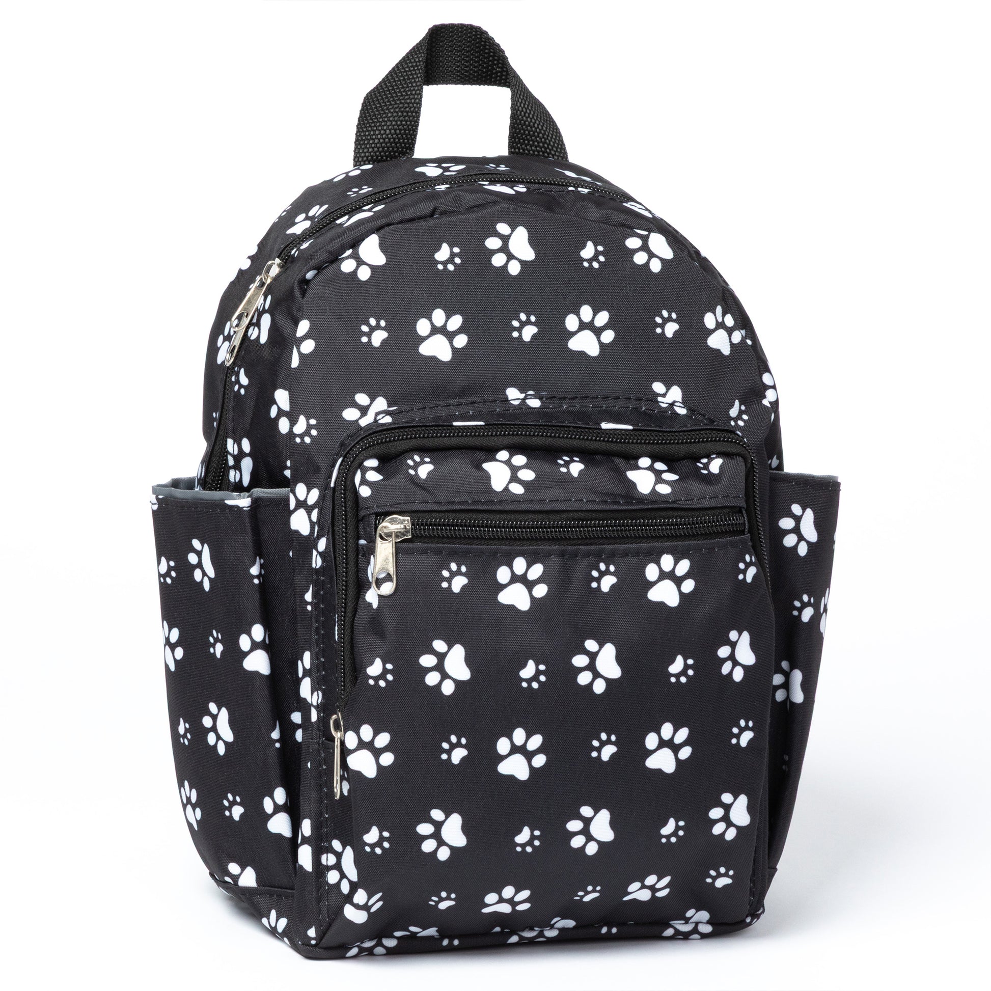 Black backpack with white paw prints on a white background