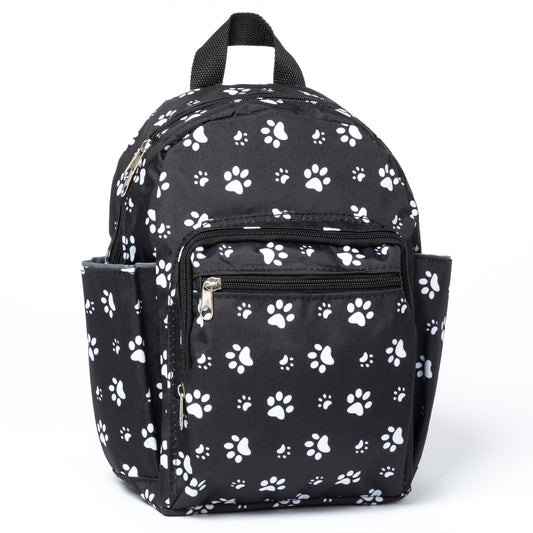 Black backpack with white paw prints on a white background