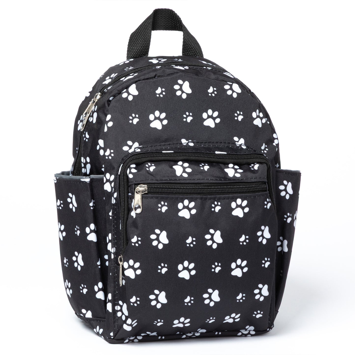 Black backpack with white paw prints on a white background