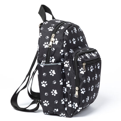 Black backpack with white paw prints on a white background