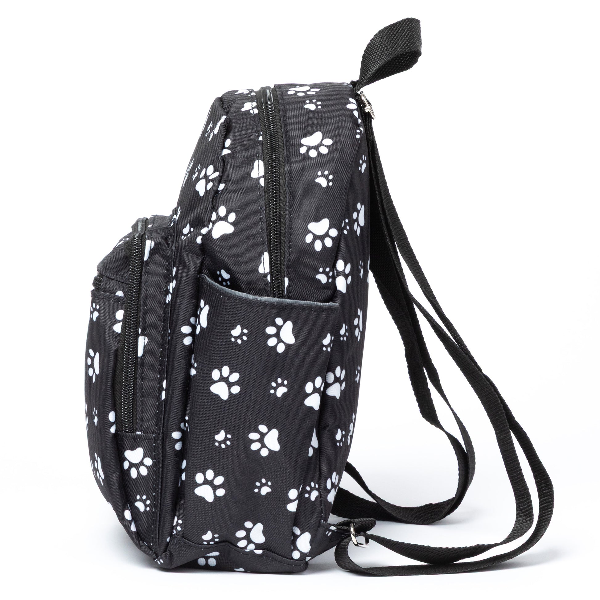 Black backpack with white paw prints on a white background