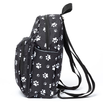 Black backpack with white paw prints on a white background