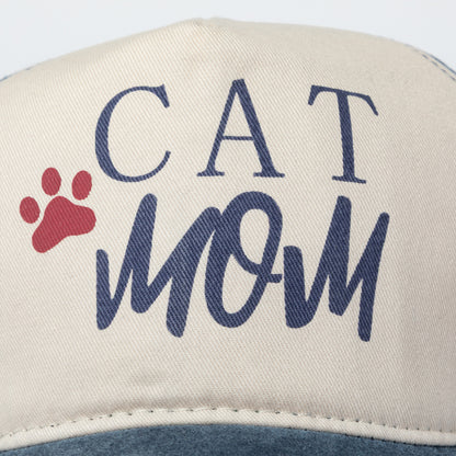 Cap with 'CAT MOM' text and red paw print on beige background