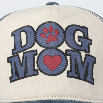Cap with 'DOG MOM' text and paw prints on a white background