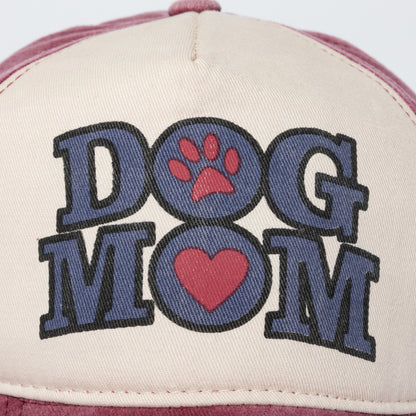 Cap with 'DOG MOM' text and paw print design on a white background