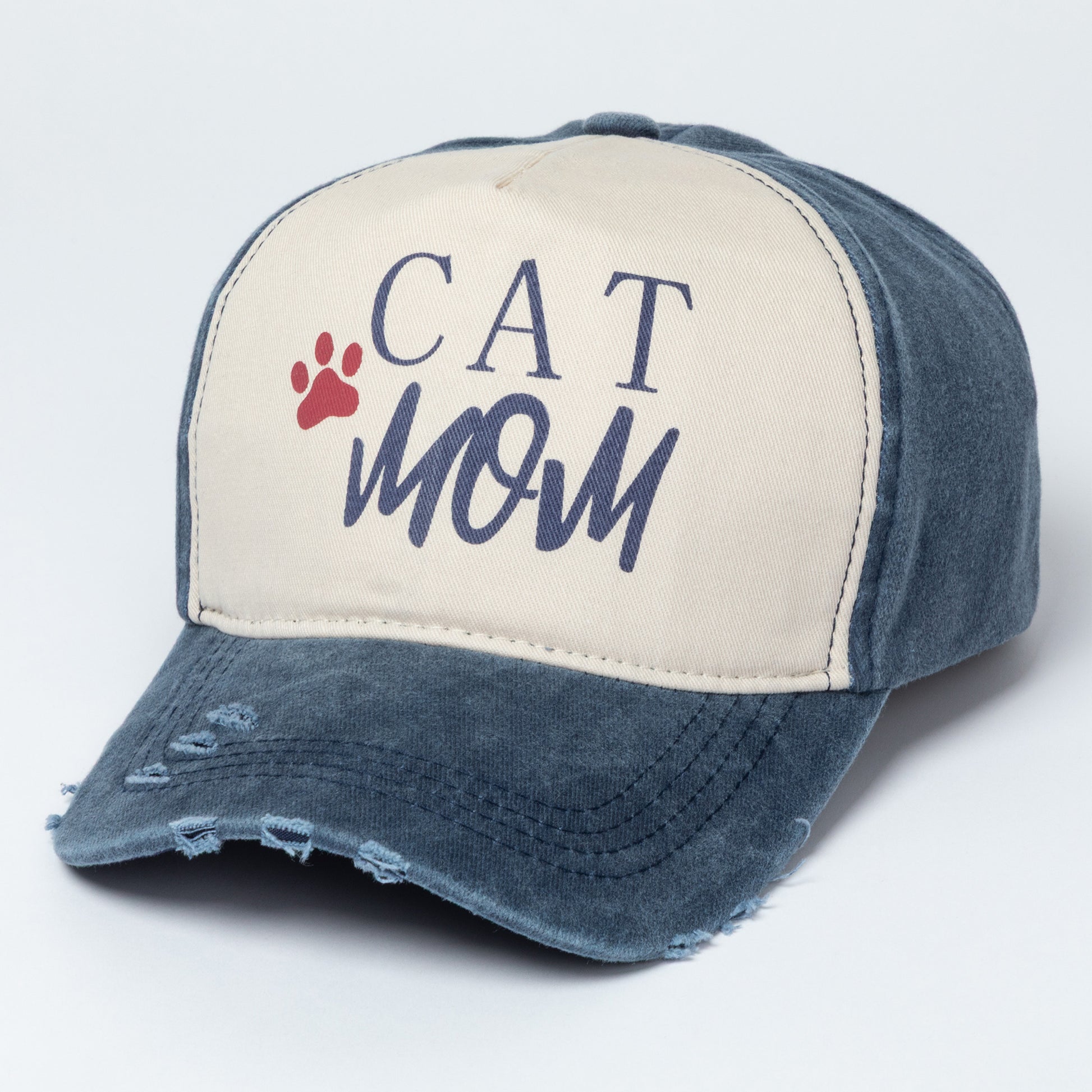 Cap with 'Cat Mom' text and paw print on a white background