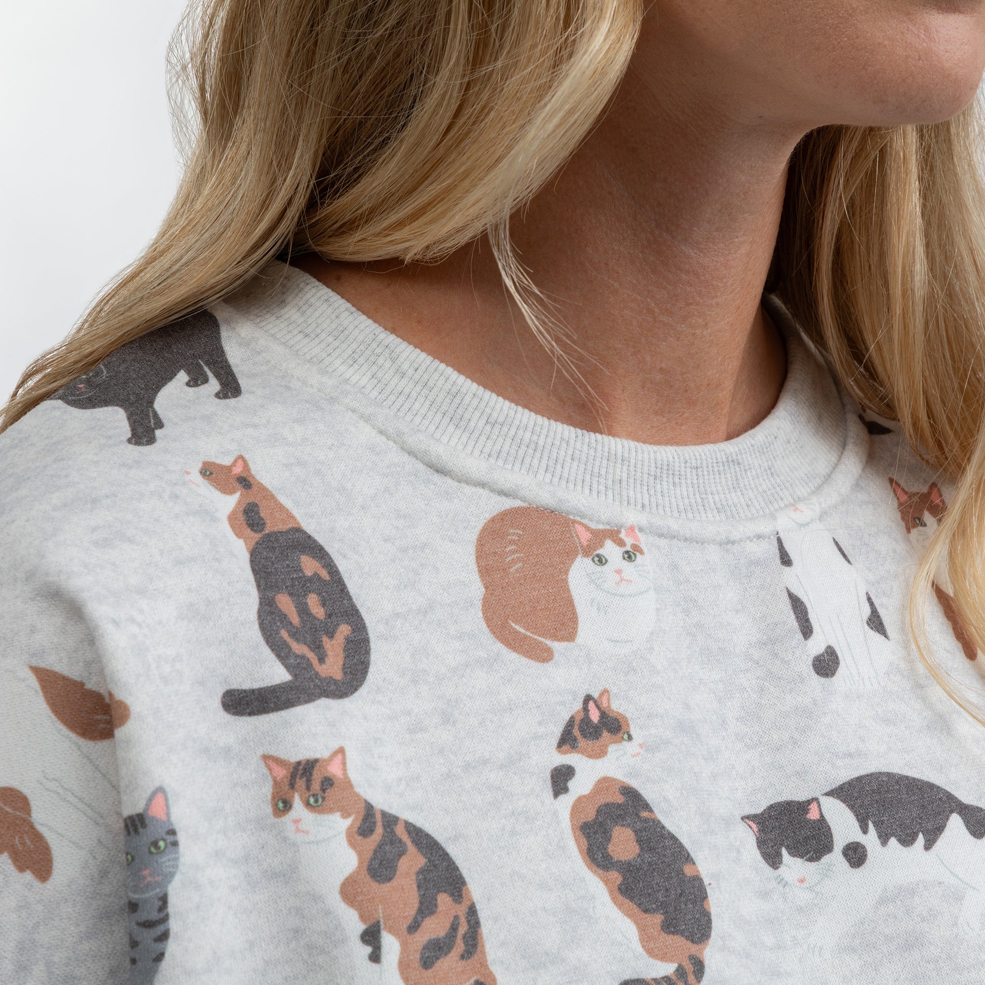 Close-up of a person wearing a light heather gray crewneck sweatshirt with a playful print of various calico and black-and-white cats.