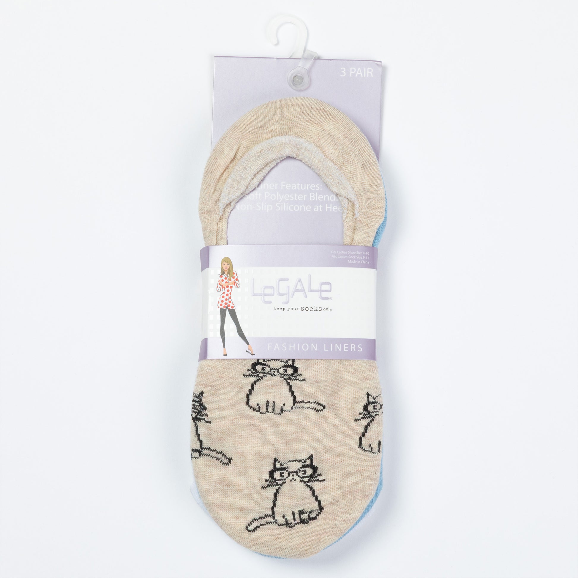 Packaged no-show socks with cat designs on a white background