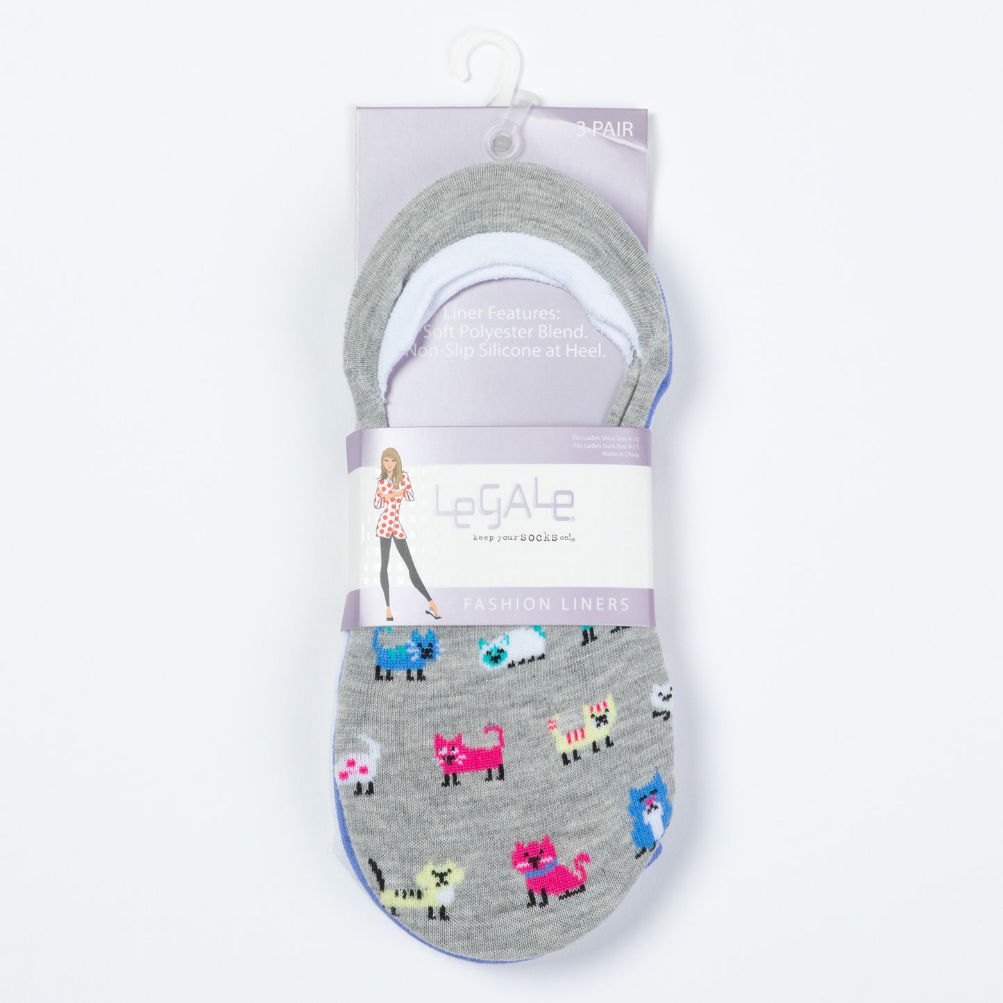 Pack of gray no-show socks with cat pattern and LeGale packaging on a white background