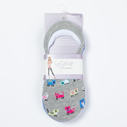 Pack of gray no-show socks with cat pattern and LeGale packaging on a white background