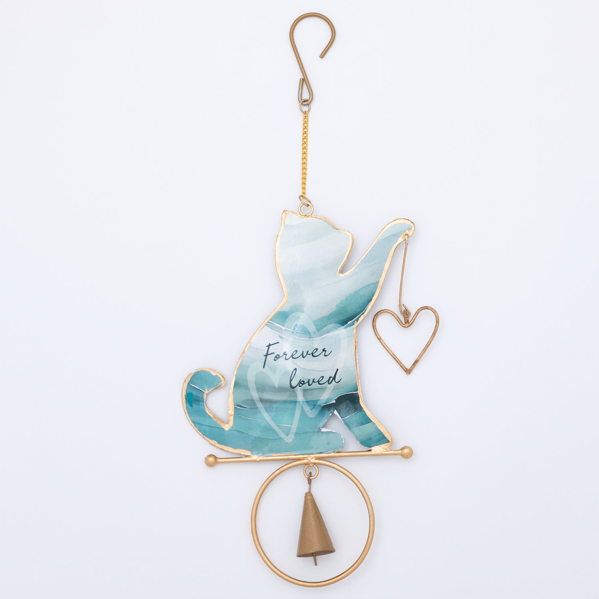 Decorative chime with a cat silhouette and 'Forever loved' text on a light blue background.