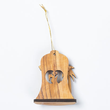 A small wooden hanging ornament shaped like a stylized figure with heart-shaped cutouts in the center and a gold hanging string, shown against a plain white background.