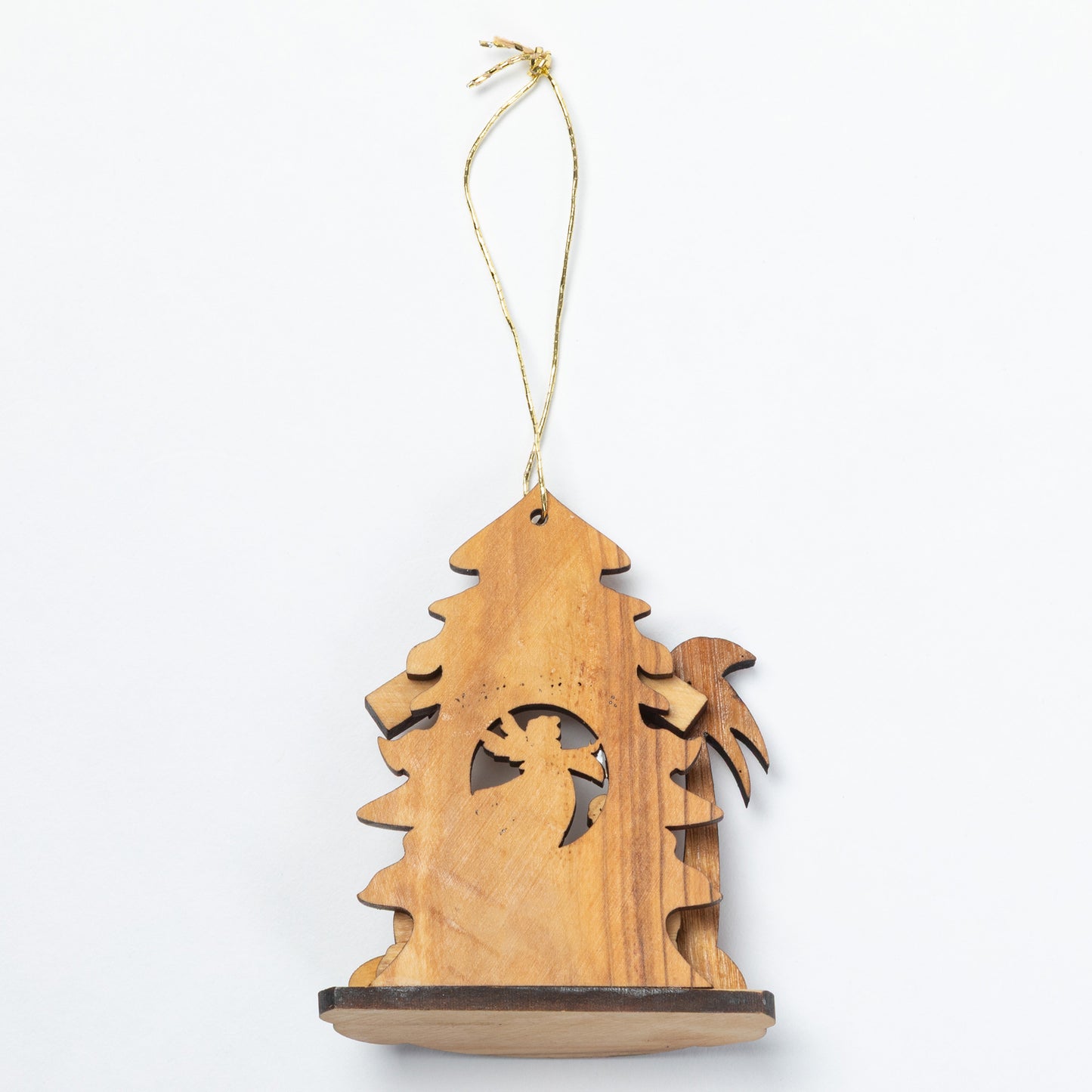 The back of a handcrafted wooden ornament shaped like a stylized house with a hanging loop, featuring laser-cut windows and a natural wood grain finish, shown against a plain white background.