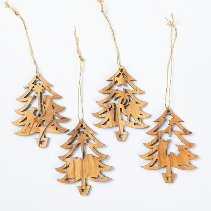 Four natural wood Christmas tree ornaments with hanging twine, arranged on a plain white background.