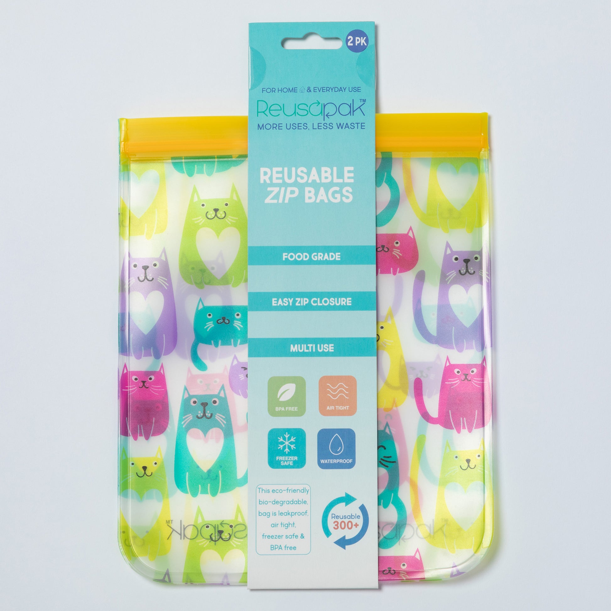 Reusable zip bags with colorful cat design packaging on a light gray background