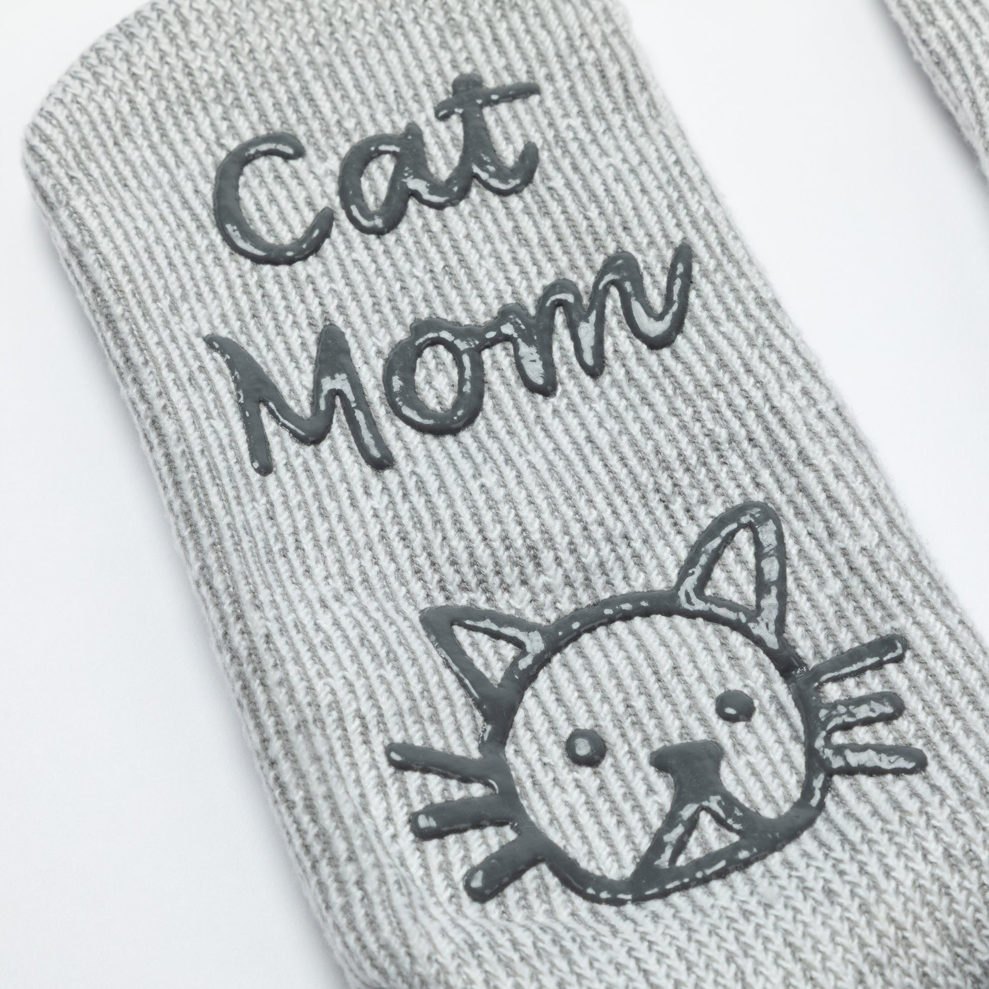 Gray sock with 'Cat Mom' text and cat face design on a white background