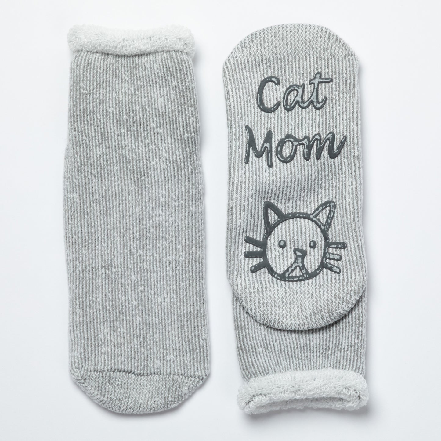 Gray socks with 'Cat Mom' text and cat icon on a white background