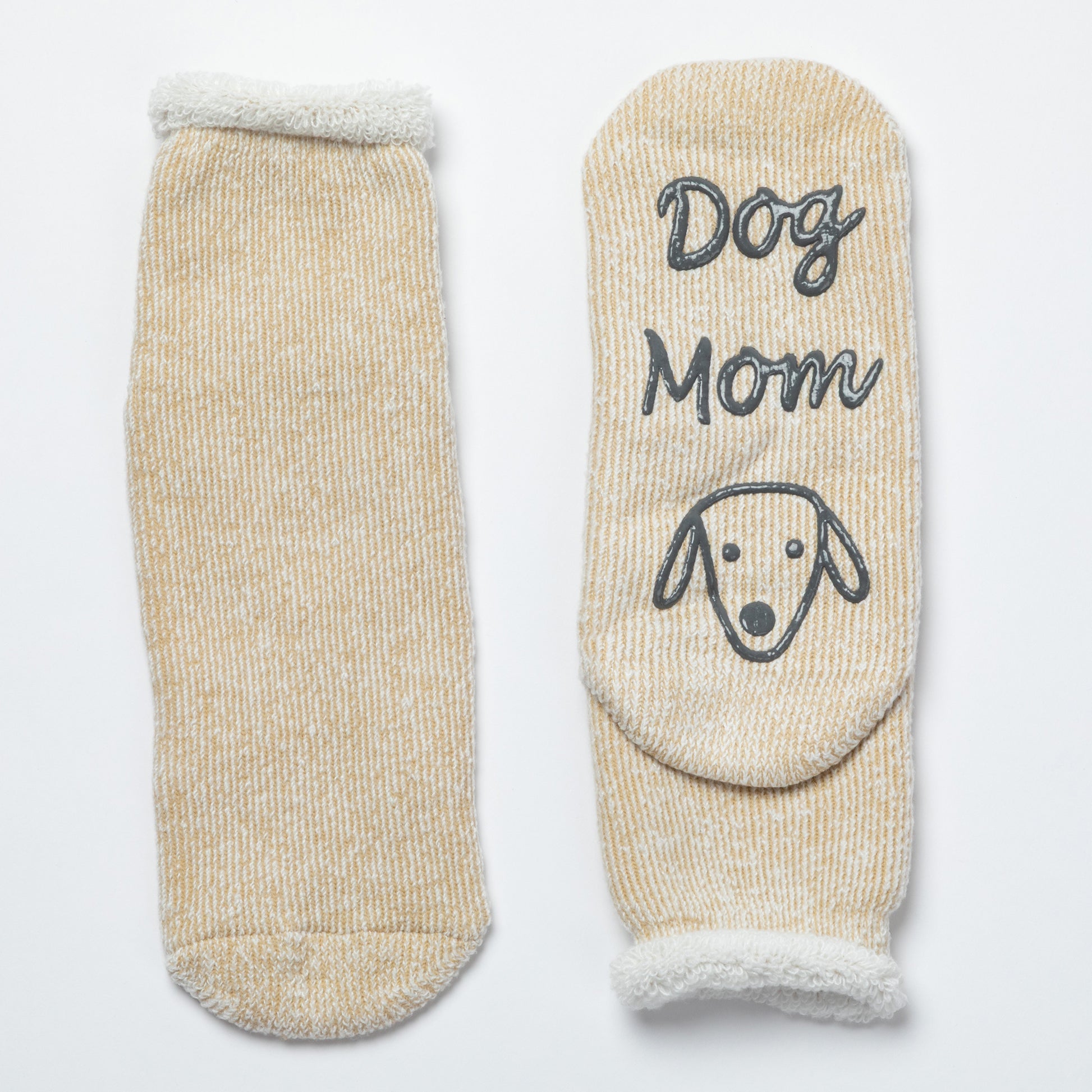 Pair of beige socks with 'Dog Mom' and a dog illustration on a white background