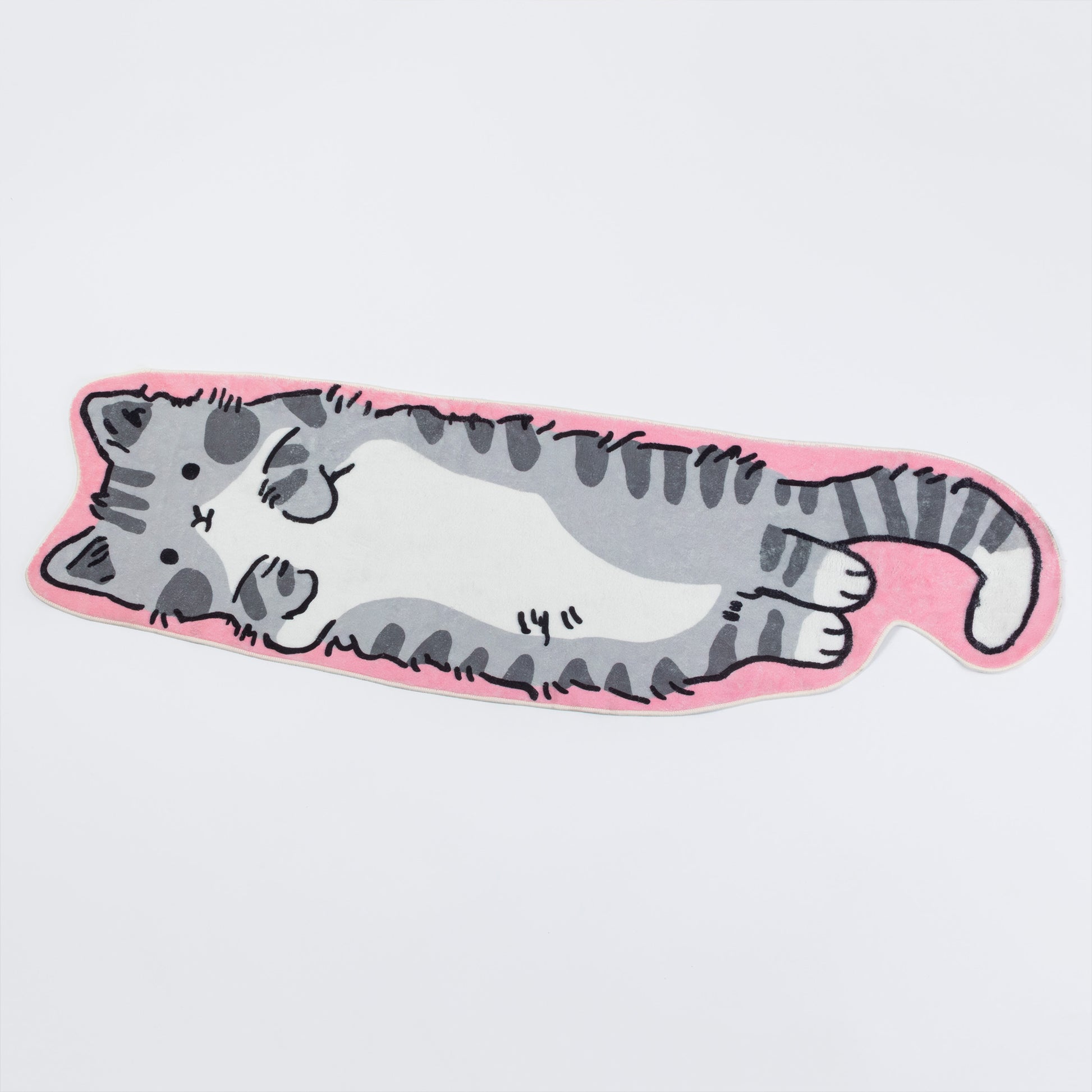 A long, narrow cat-shaped rug or mat featuring a sleeping gray tabby cat illustration with a pink border on a plain light background.