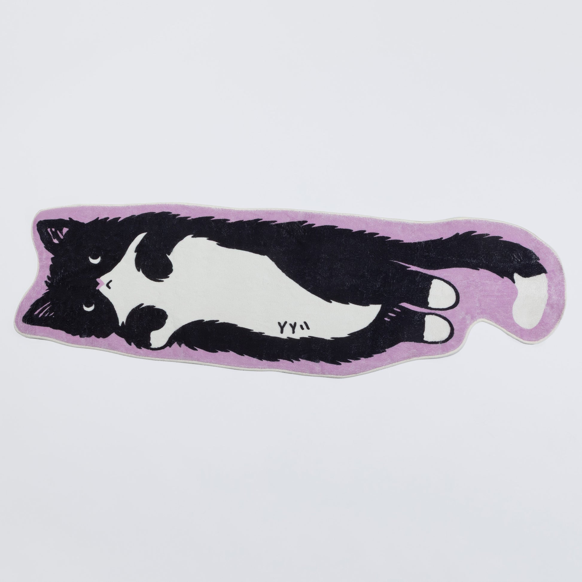 A black and white cat illustration printed on a lavender rectangular patch or label, shown on a plain light gray background.