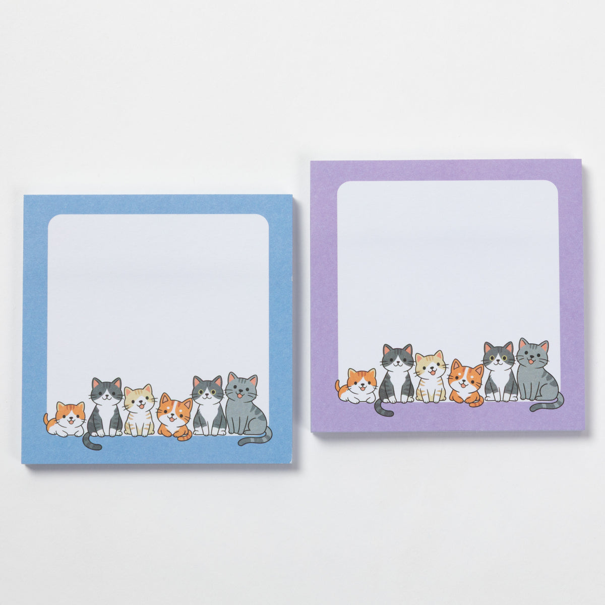 Two square sticky note pads with rounded corners are shown on a light gray background. The left pad has a light blue border and the right pad has a lavender purple border.