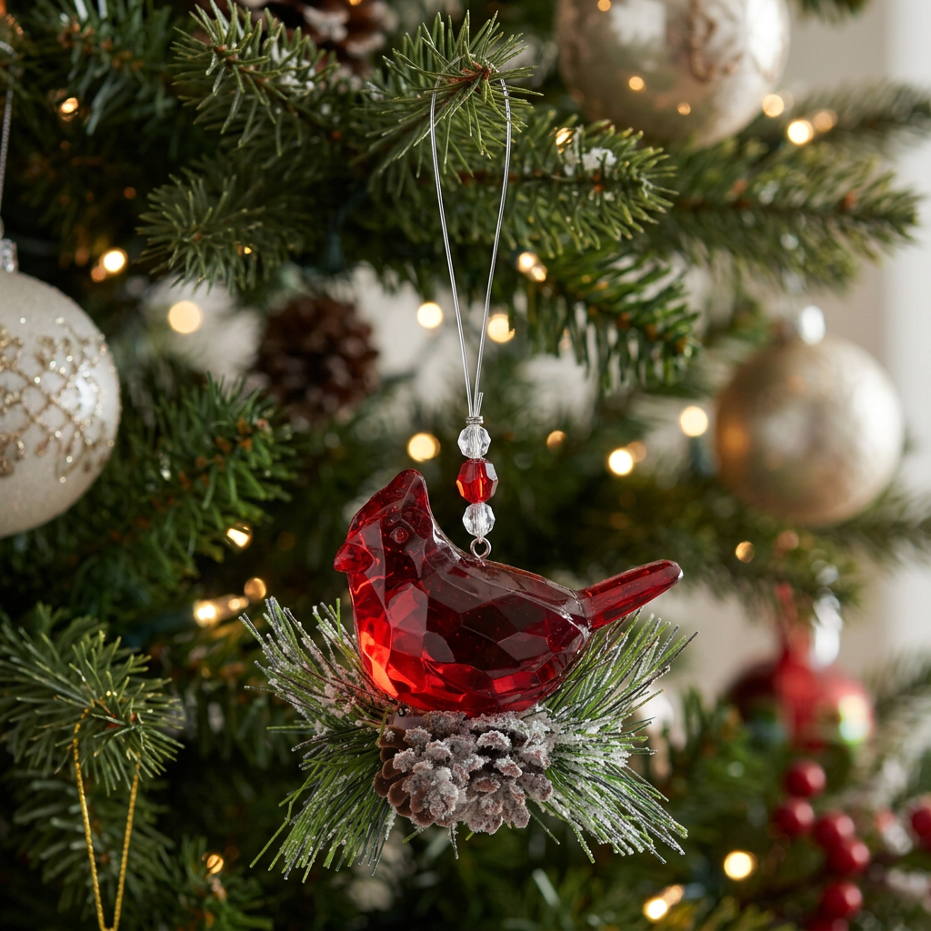Red Cardinal Ornament | Faceted Bird with Snowy Pine