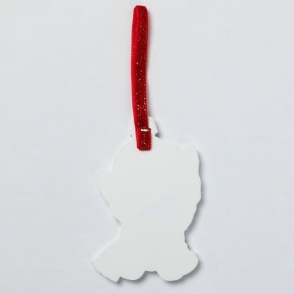 A white silhouette-shaped hanging ornament with a red glittery ribbon loop, shown against a plain light gray background.