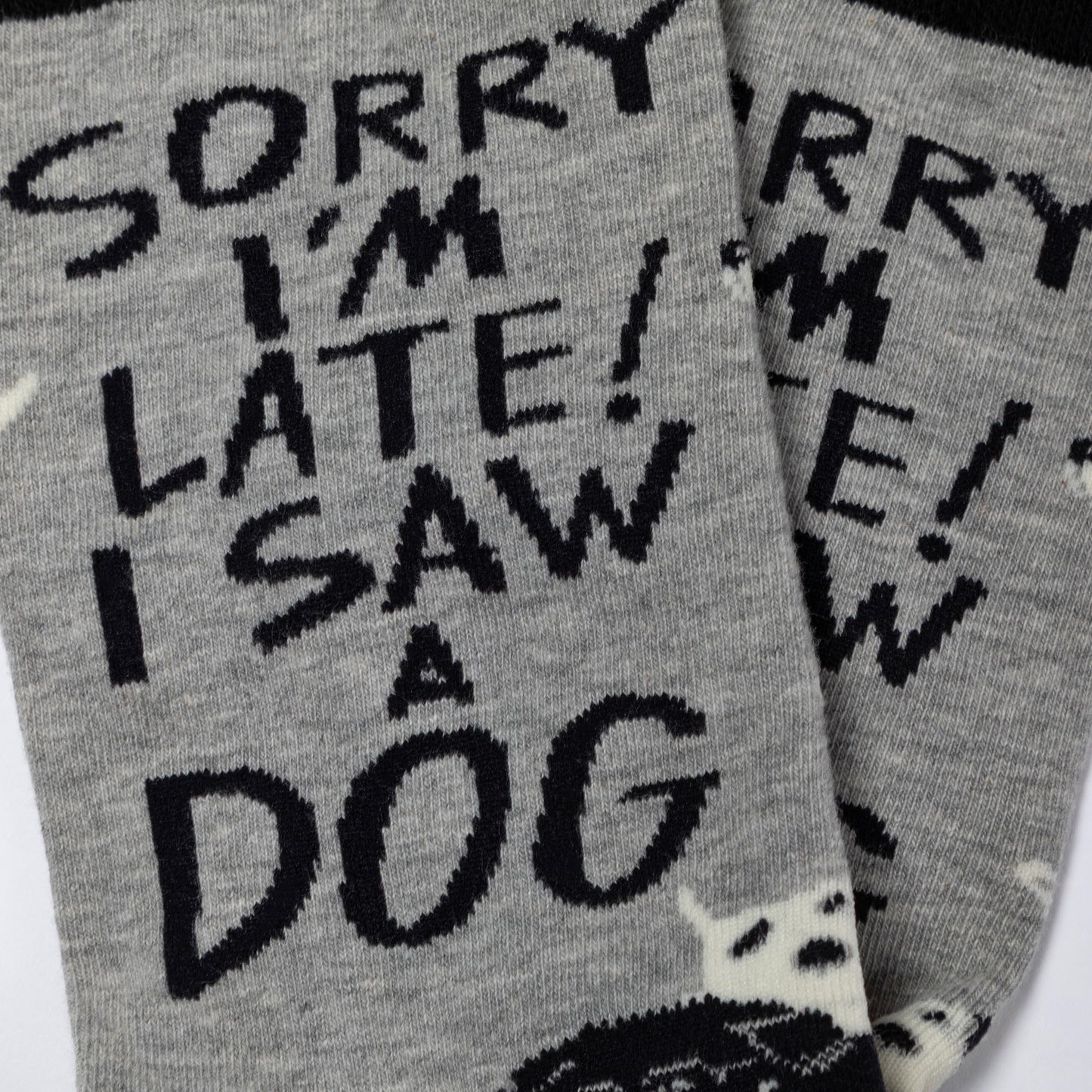 Gray socks with black text 'Sorry I'm late! I saw a dog' on a white background