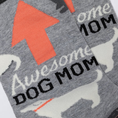 Gray sock with 'Awesome Dog Mom' text and dog illustrations