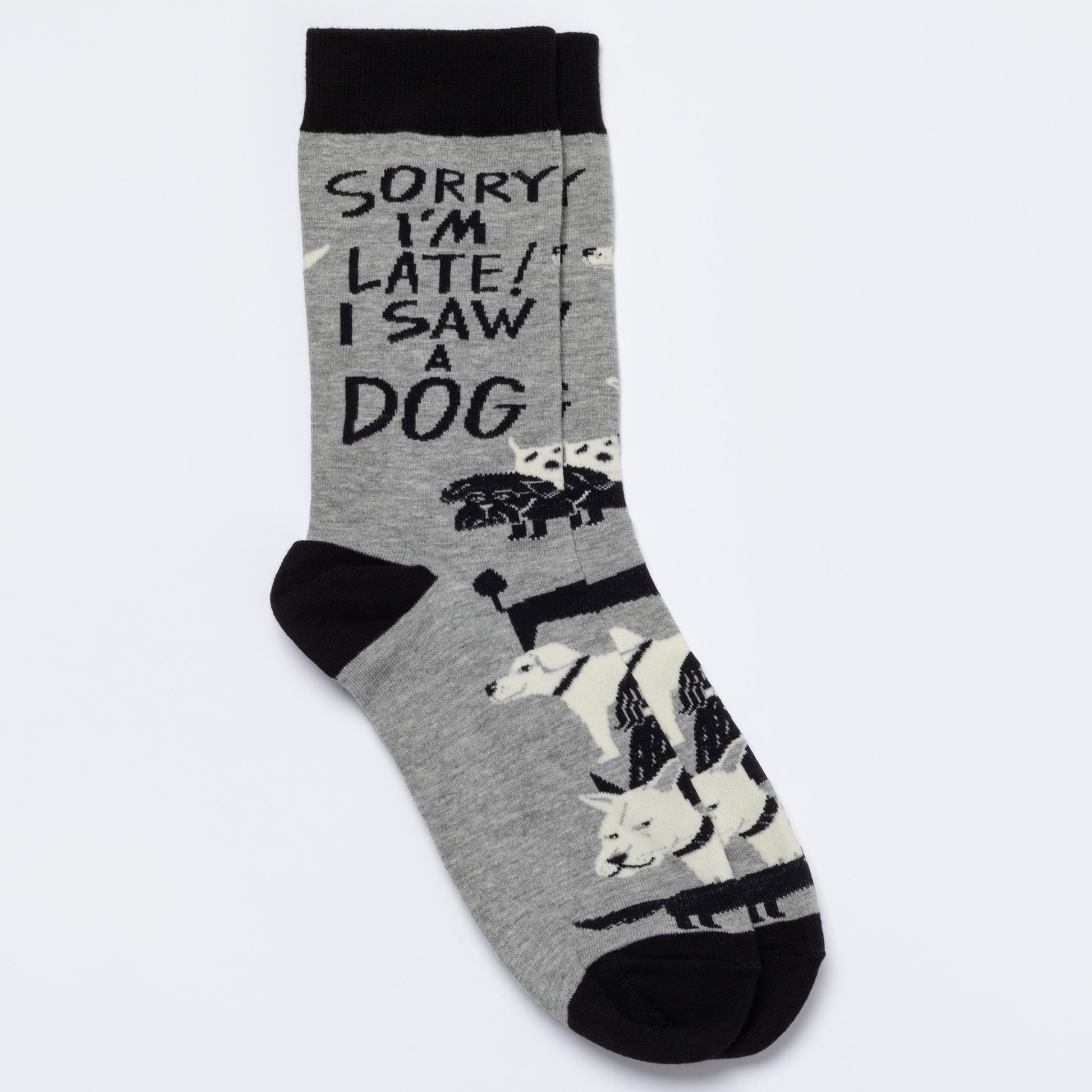 Gray sock with black text and dog illustrations on a white background