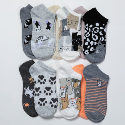 A set of ten low-cut ankle socks arranged in two rows on a light gray background. The socks feature various cat-themed patterns including leopard spots, paw prints, cartoon cat faces, stripes, and one solid orange sock.