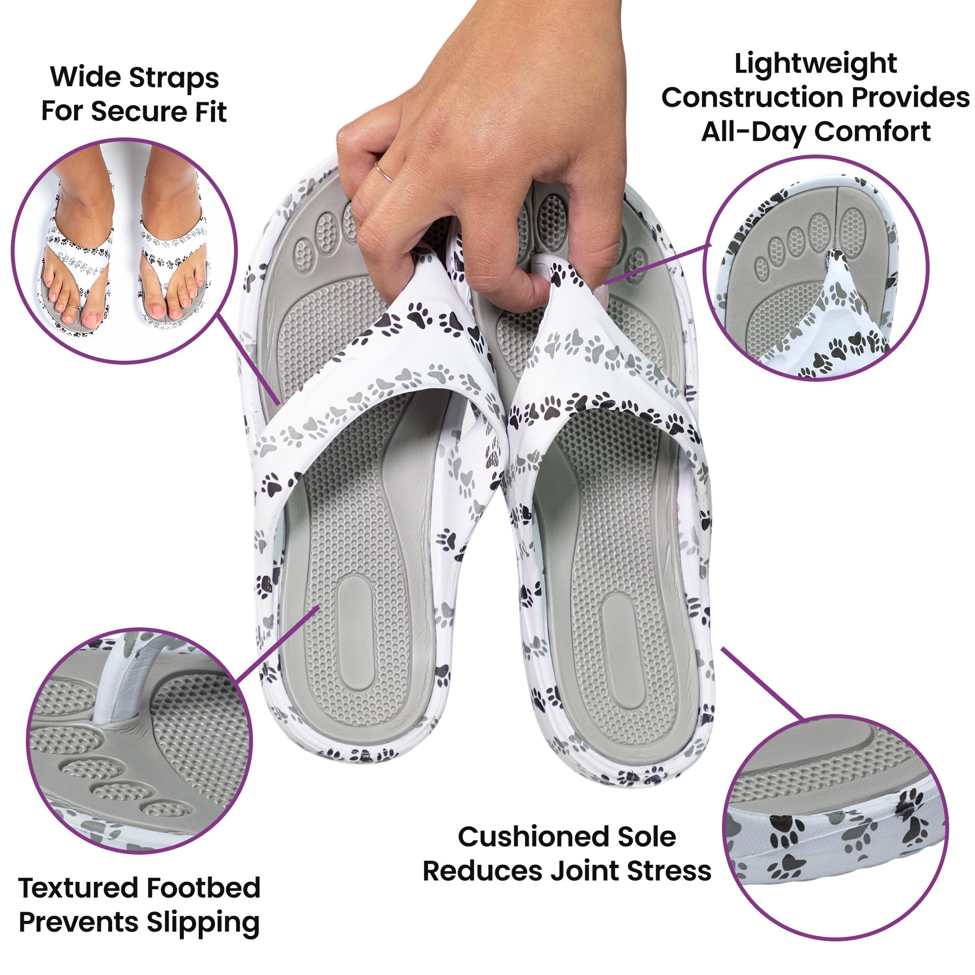 Pair of sandals with text highlighting features like wide straps, cushioned sole, and textured footbed.