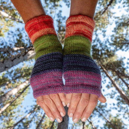 Colorful striped rainbow fingerless gloves held up against a natural background with trees. Made from alpaca wool
