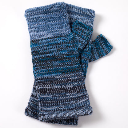 a pair of alpaca fingerless mittens in shades of blue made from alpaca wool on a white background